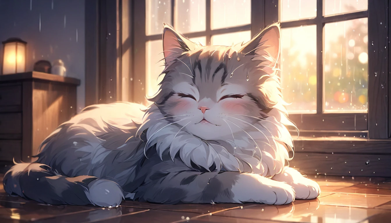(masterpiece, best quality, high quality, high resolution, very detailed) A cute and adorable cat with its eyes closed, resting in a cozy room. The room creates a peaceful and calm atmosphere with a large window showing a rainy scene outside. The image features bokeh light effects to enhance the serene ambiance