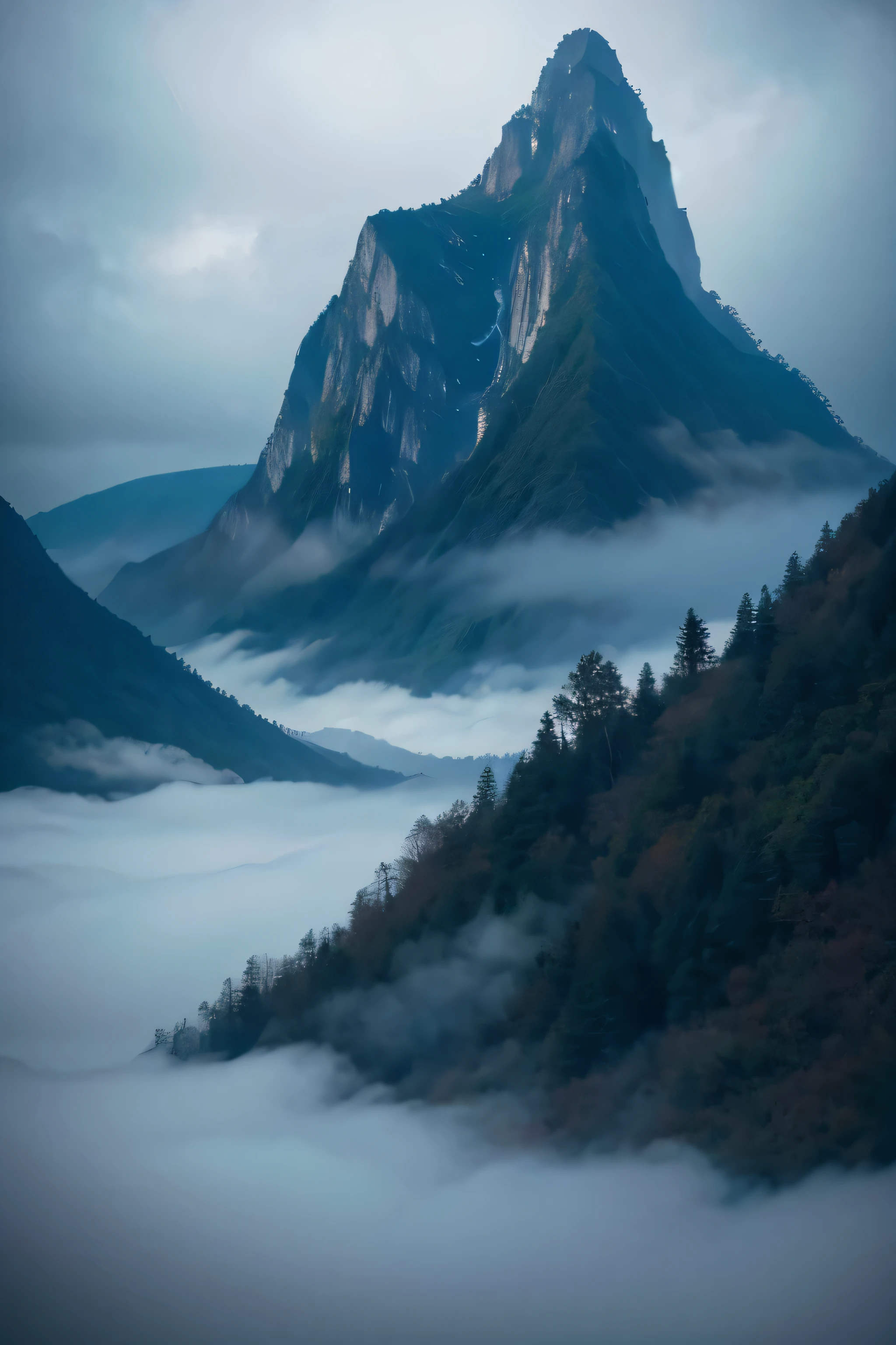 Exquisite details,8k Photo,Tarzan,Mountains,Mountains,Dark clouds,gloomy,mountain peak,Clouds,Sea of Clouds,Shadow of the Palace on the Sea of Clouds