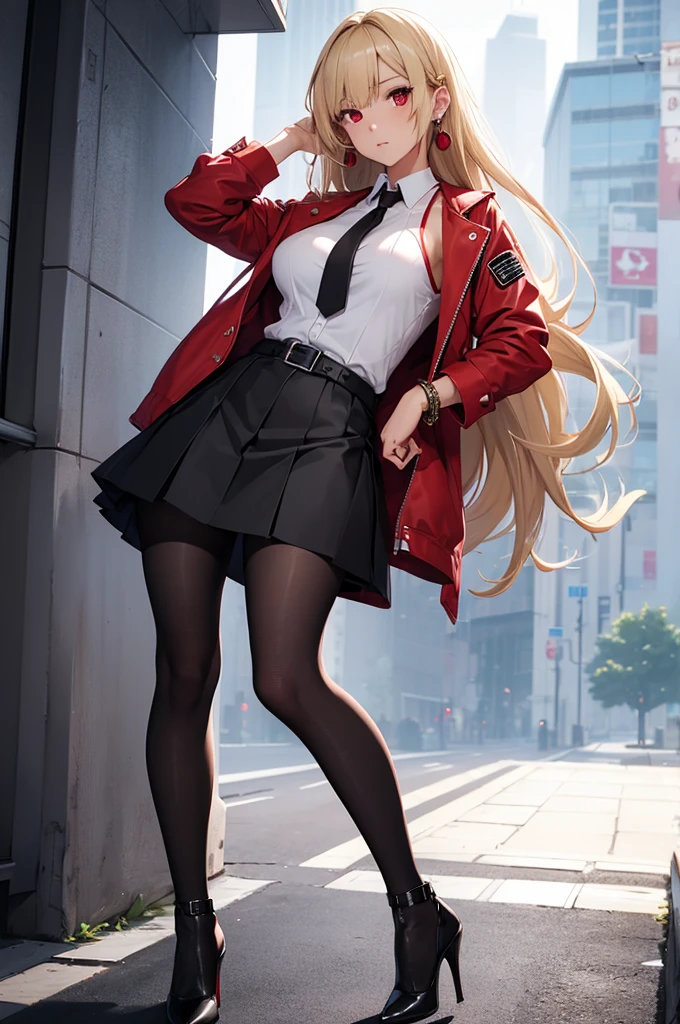1girl, solo, long hair, breasts, looking at viewer, skirt, blonde hair, large breasts, shirt, red eyes, jewelry, jacket, white shirt, pantyhose, earrings, sleeveless, belt, black skirt, black footwear, high heels, bracelet, hand on hip, black pantyhose, genderswap, genderswap (mtf)