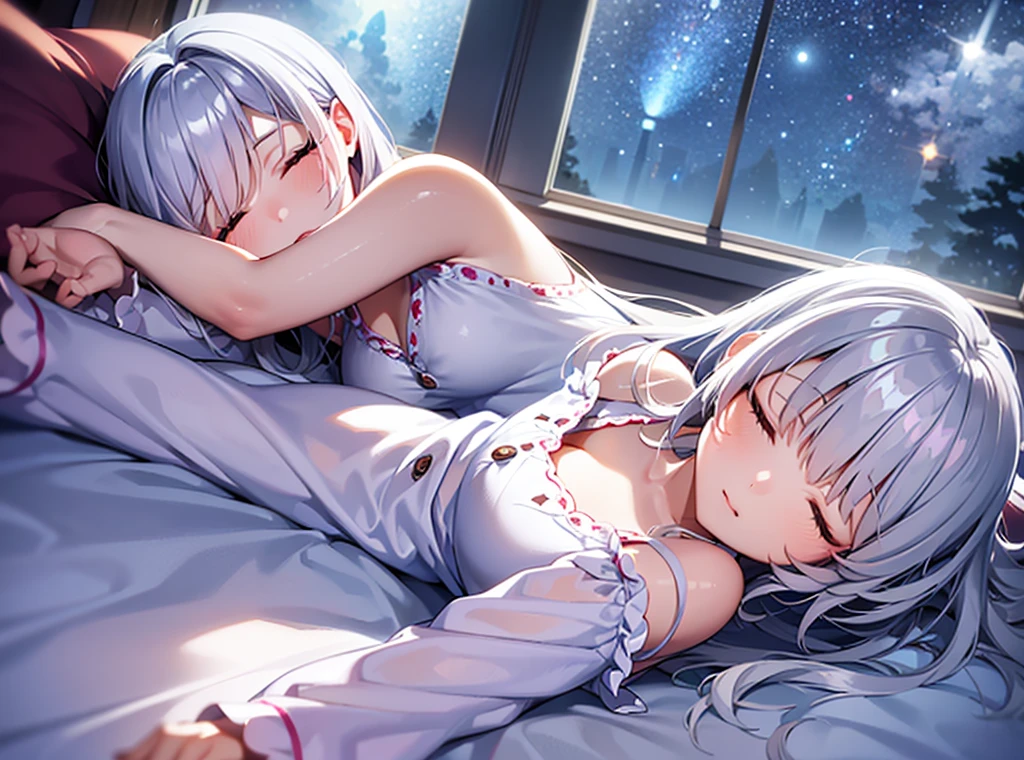 Lying on the bed)) ((Sleeping)) (Light in the moonlight, wearing cute pajamas, staring at the night sky through the window, silver hair
girl close