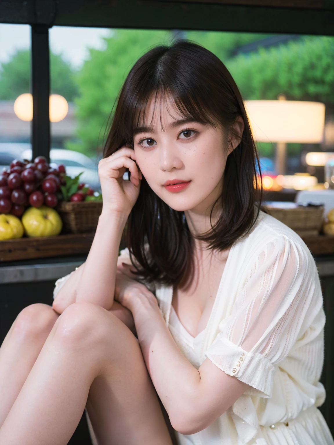 realistic photos of (1 cute Korean star) flipped hair, thin makeup, (big breasts size), sexy erotic G-string lingerie, at the market, clear facial features of Canon EOS, 16k, high resolution, sharp and realistic details, overexposure, cut-in, UHD, high res, best quality, show perfect legs, sitting