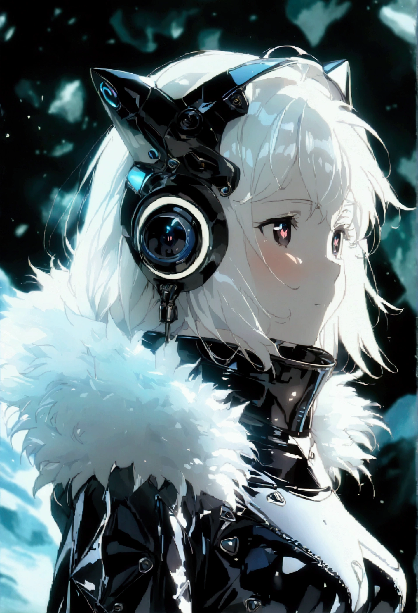 Masterpiece, High quality, High quality of art, best quality, best details, anime lineart, anime artstyle, 2d anime girl, solo, 1girl, white hair, white skin, black eyes, white fur Coat, white hearts in eyes, Black futuristic latex and titanium clothing with a coat, in future base in Antarctica