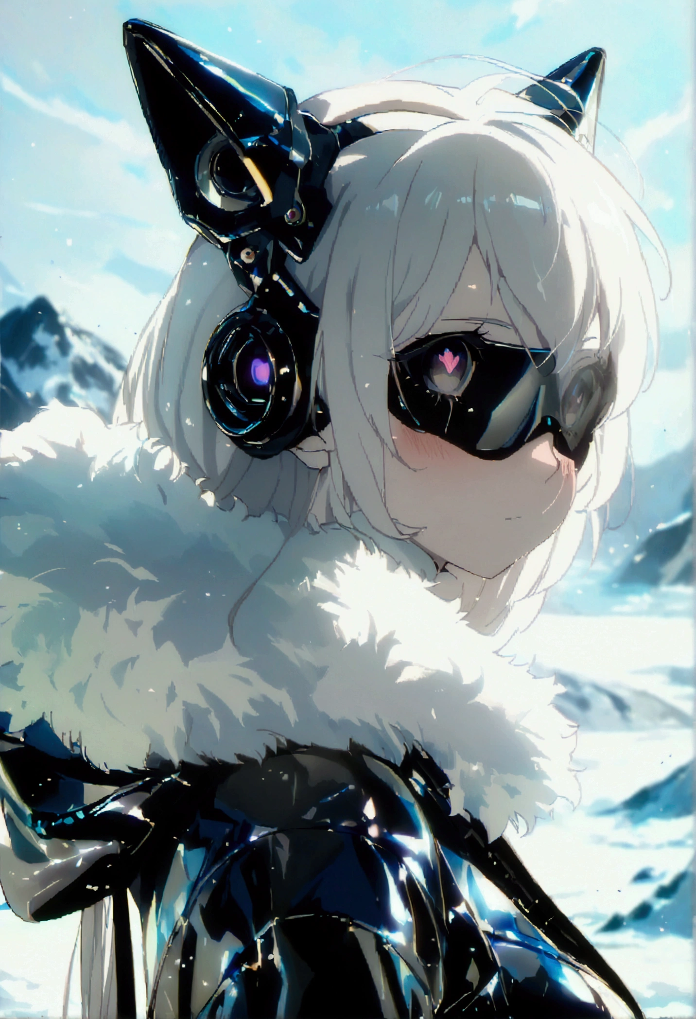 Masterpiece, High quality, High quality of art, best quality, best details, anime lineart, anime artstyle, 2d anime girl, solo, 1girl, white hair, white skin, black eyes, white fur Coat, white hearts in eyes, Black futuristic latex and titanium clothing with a coat, in future base in Antarctica