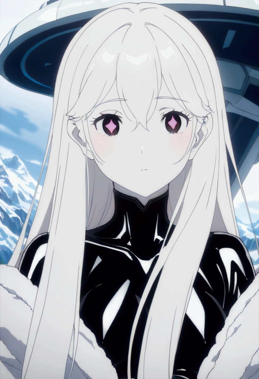 Masterpiece, High quality, High quality of art, best quality, best details, anime lineart, anime artstyle, 2d anime girl, solo, 1girl, white hair, white skin, black eyes, white fur Coat, white hearts in eyes, Black futuristic latex and titanium clothing with a coat, in future base in Antarctica