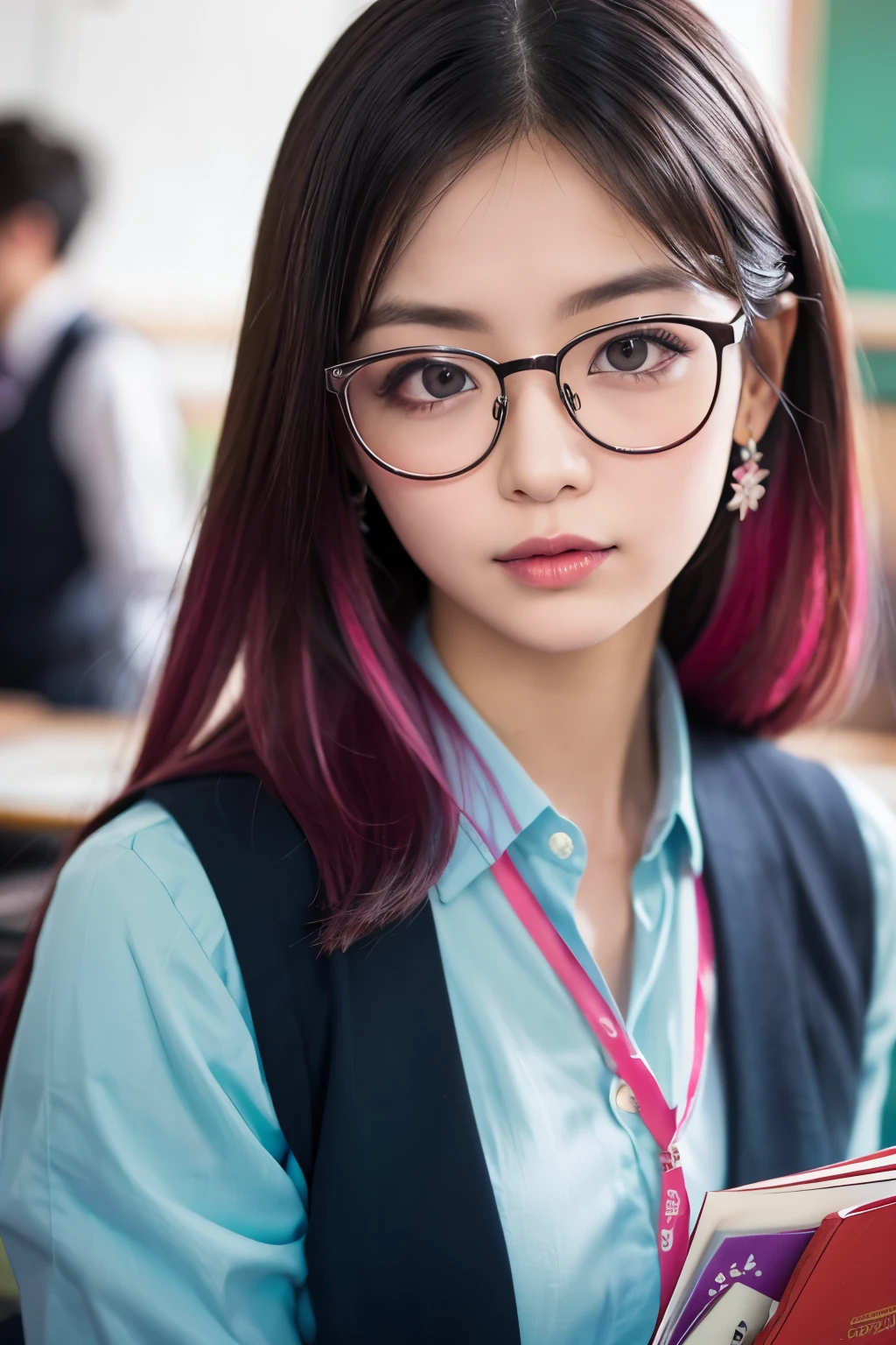 ((teacher、gentlemen、Glasses、classroom))、high quality, High resolution, masterpiece, completion, detailed.impressive, Cutting-edge female photography portraits, Showcasing a bold and daring street-art style. Facing forward、Looking down on、Cold look、cyan, and purple, Her vibrant makeup really catches the eye.. Her colorful hair is tied up high, Blue and pink hues in harmony. Blends seamlessly with the dynamic colors of your subject.  An unforgettable image