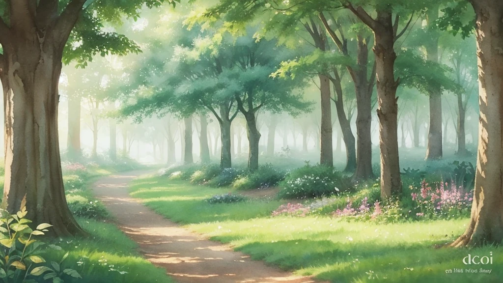 A soft and cute LOFI art cover featuring a lush green forest with a watercolor touch. In the distance, small animals like rabbits and squirrels are napping in the shade of trees. The overall color scheme is pastel and the atmosphere is dreamy and gentle.