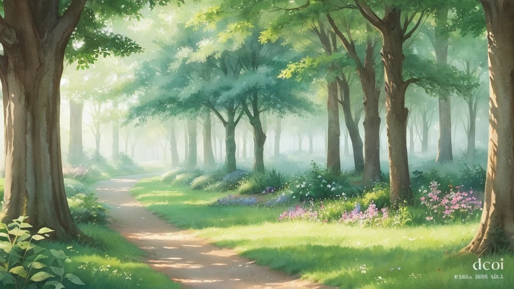 A soft and cute LOFI art cover featuring a lush green forest with a watercolor touch. In the distance, small animals like rabbits and squirrels are napping in the shade of trees. The overall color scheme is pastel and the atmosphere is dreamy and gentle.