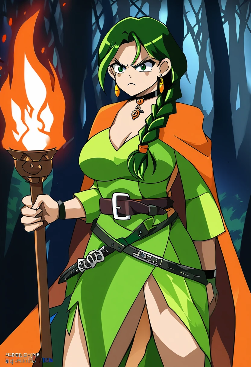 score_9, score_8_up, score_7_up, source_anime, thigh up, 1girl, frown, nervous, large breasts, dqBianca, single braid, hair over shoulder, earrings, choker, orange cape, green dress, belt, torch, dark forest, shadows