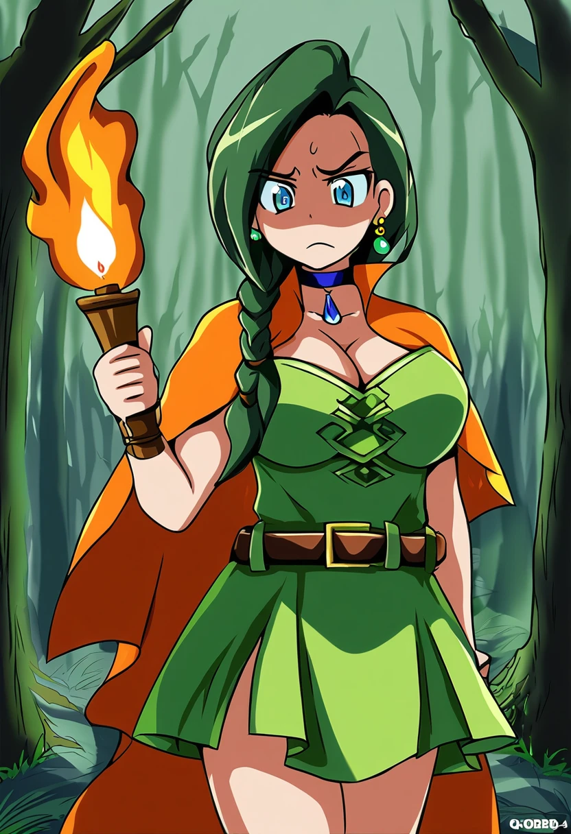 score_9, score_8_up, score_7_up, source_anime, thigh up, 1girl, frown, nervous, large breasts, dqBianca, single braid, hair over shoulder, earrings, choker, orange cape, green dress, belt, torch, dark forest, shadows
