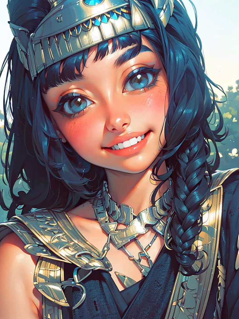 (UHD, retina, masterpiece, ccurate, anatomically correct, textured skin, super detail, high details, high quality, best quality, highres, 1080P, HD, 4K, 8k, 16k), (beautiful detailed eyes, beautiful detailed lips, extremely detailed eyes and face), studio lighting, physically-based rendering, vivid colors, (big tits, super big , super extra big , glamorous body), (thief:1.5), (portrait, blonde hair, shiny hair, shiny skin), (dusk sky, bokeh), (tilt your head to the side:1.5), eye reflection, (blush, smile, tanned skin, cleopatra:1.5),