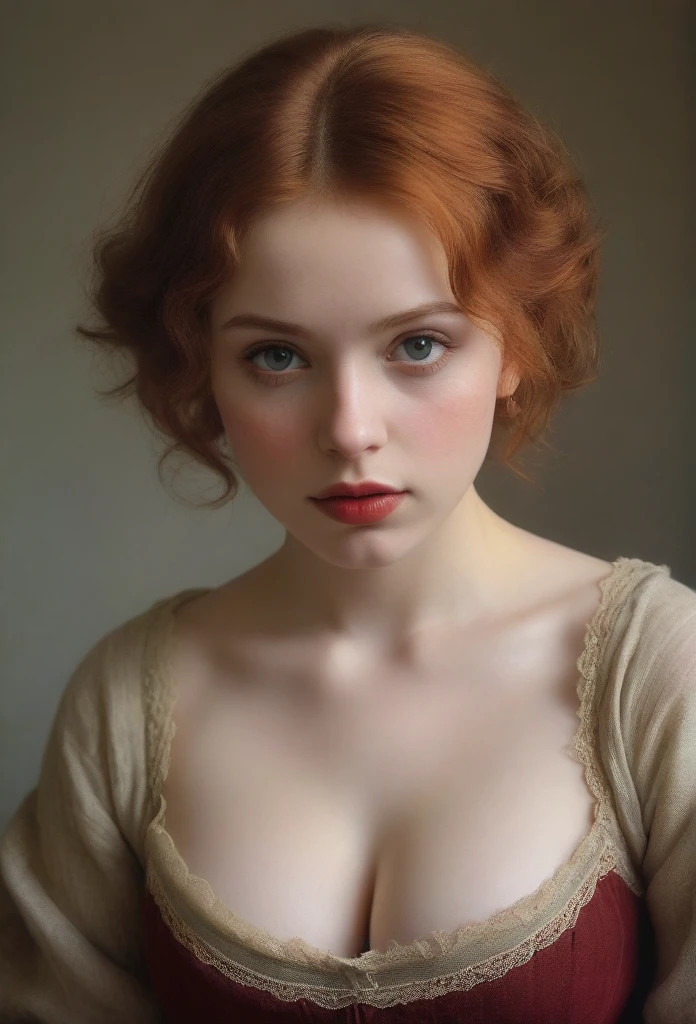1girl, detailed beautiful eyes, beautiful detailed lips, extremely detailed eyes and face, longeyelashes, detailed delicate body, detailed hands, realistic, photorealistic, best quality, Rembrandt lighting, dramatic, masterpiece, European appearance, cute oval face, short red hair, huge , posing, retro style, highquality photo art, David Dubnitsky, pale skin, pores, moles, tight Tshirt, short shorts, NSFW