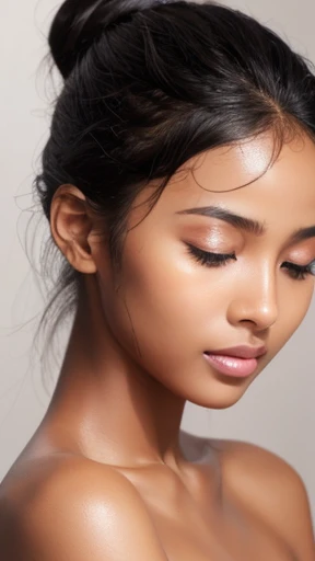 raw photo of beautiful female, looking at camera, centered portrait upper body, Miss Somalia, slim perfect face, natural look, playmate, wavy hair, wet hair tied in a bun, supermodel, wet skin, jet-black skin, blushing cheek, very very small bust, closing eyes, feeling ecstasy, nude skin, in photo studio