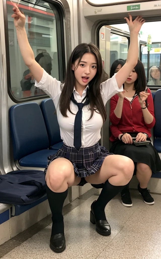 Japanese women,high quality, 32K Full HD,Live-action adaptation,Muscularなリアルな顔,Huge breasts, Realistic texture,,alone,Muscular,high school girl.miniスカート,uniform,shirt,check,mini,tie,Audience,Front view,in the train,Squat down and spread your legs,Raise your arms behind your head,Sticking out tongue