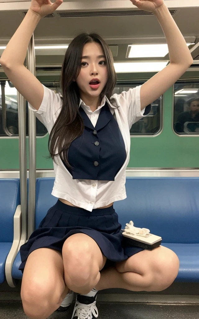 Japanese women,high quality, 32K Full HD,Live-action adaptation,Muscularなリアルな顔,Huge breasts, Realistic texture,16 years old,alone,Muscular,high school girl.miniスカート,uniform,shirt,check,mini,tie,Audience,Front view,in the train,Squat down and spread your legs,Raise your arms behind your head,Sticking out tongue