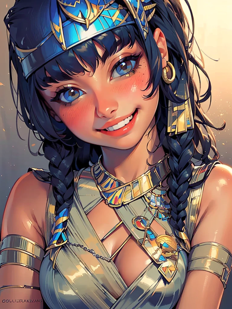 (UHD, retina, masterpiece, ccurate, anatomically correct, textured skin, super detail, high details, high quality, best quality, highres, 1080P, HD, 4K, 8k, 16k), (beautiful detailed eyes, beautiful detailed lips, extremely detailed eyes and face), studio lighting, physically-based rendering, vivid colors, (big tits, super big , super extra big , glamorous body), (thief:1.5), (portrait, blonde hair, shiny hair, shiny skin), (dusk sky, bokeh), (tilt your head to the side:1.5), eye reflection, (blush, smile, tanned skin, cleopatra:1.5),