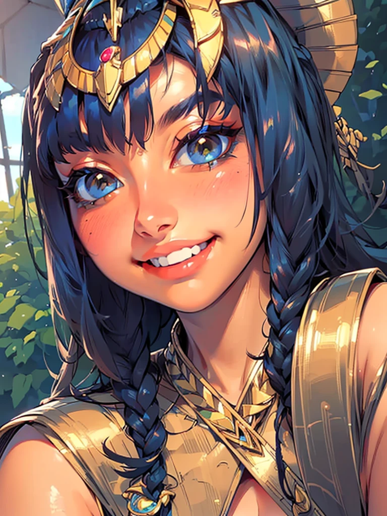 (UHD, retina, masterpiece, ccurate, anatomically correct, textured skin, super detail, high details, high quality, best quality, highres, 1080P, HD, 4K, 8k, 16k), (beautiful detailed eyes, beautiful detailed lips, extremely detailed eyes and face), studio lighting, physically-based rendering, vivid colors, (big tits, super big , super extra big , glamorous body), (thief:1.5), (portrait, blonde hair, shiny hair, shiny skin), (dusk sky, bokeh), (tilt your head to the side:1.5), eye reflection, (blush, smile, tanned skin, cleopatra:1.5),
