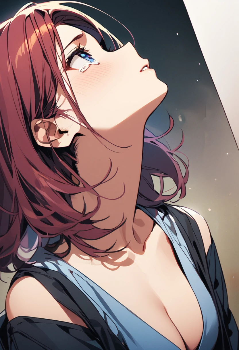 Anime style:1 girl looking up and crying,Profile,45 degree tilt of neck