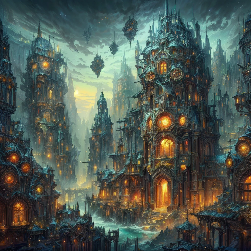 a painting of a city with many lights on it, dark Fantasiestadt, in einer Fantasy-Science-Fiction-Stadt, symmetrical epic fantasy art, Fantasiestadtscape, Ancient science fiction city, large and structured Walhalla city, ancient steampunk city, Fantasiestadt, detailed fantasy digital art, fantasy architecture, a foreign city, surreale Neuronenstadt, epische Fantasy-Sci-Fi-Illustration