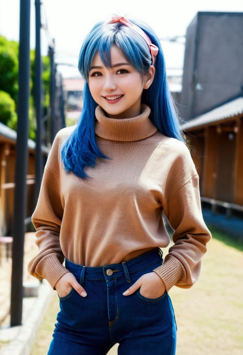 ((masterpiece)), Perfect Anatomy, Perfect Shading, field of depth, (Highest quality), Very delicate and beautiful, Perfect lighting, Detailed face, ultra cute face, cute, (Cowboy Shot 1.2), (((One girl))), ((alone)), View your viewers,
((((Sarashina Ruka)))), ((Blue Hairband)), ((Tan turtleneck sweater)), ((Jeans 1.5)), (blush) Cute smile, Medium chest, Firm breasts, Wide Hips, (Thick thighs),
Japanese cities, street, Complex background, Detailed Background, Are standing, Put your arms behind your back,