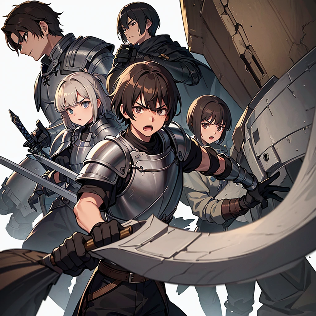 Best illustrations、Best Quality、(((Simple grey armor、Black trousers、Black gloves、Short Hair、Brown Hair、20 year old man)))、(((Grab the sword、Get Ready)))、(Old ruins、desert。Grass)、Fall to the floor、(Black, muddy swamp)、(仮面の中世の騎士が10 people)、(get annoyed、Open your mouth、Get angry)、(lots of medieval knights、10 people)、battlefield、(From below)、(White background)