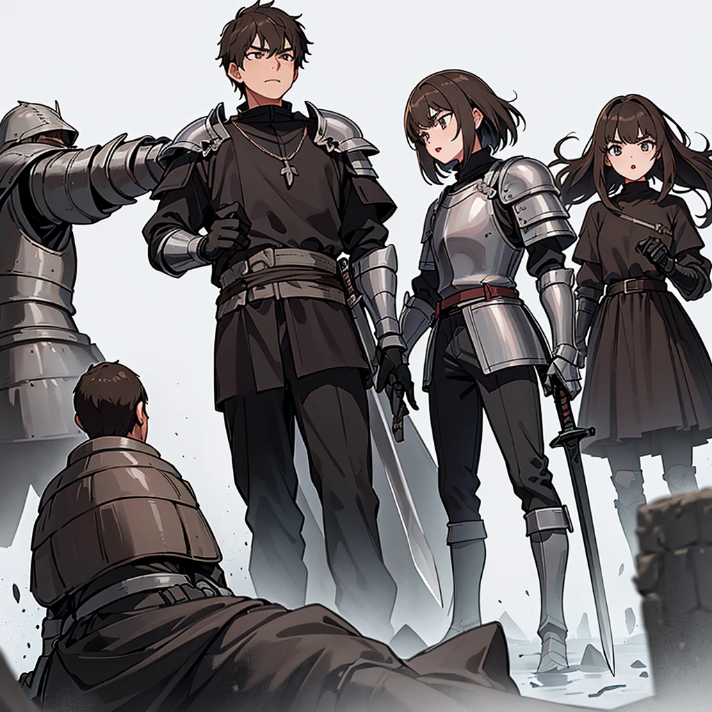 Best illustrations、Best Quality、(((Simple grey armor、Black trousers、Black gloves、Short Hair、Brown Hair、20 year old man)))、(((Grab the sword、Get Ready)))、(Old ruins、desert。Grass)、Fall to the floor、(Black, muddy swamp)、(仮面の中世の騎士が10 people)、(get annoyed、Open your mouth、Get angry)、(lots of medieval knights、10 people)、battlefield、(From below)、(White background)
