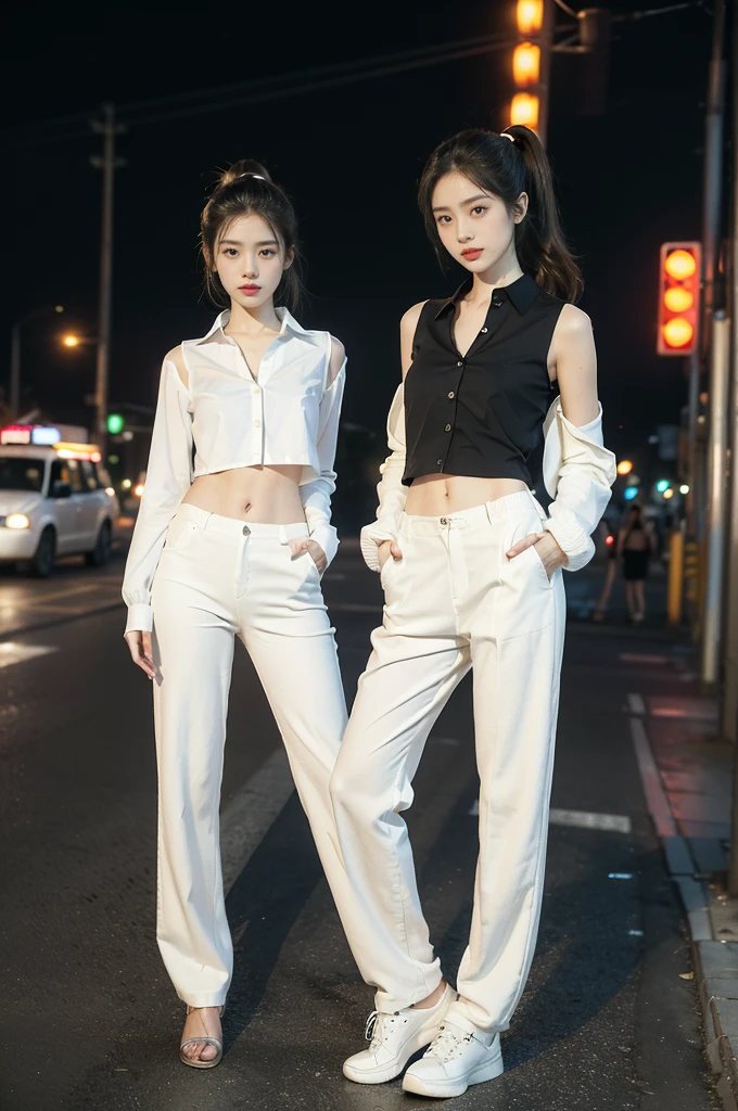 (((best quality))),(((ultra detailed))),(((masterpiece))),illustration,((1 beautiful girl,solo)),((slim,thin)),((small breasts,flat chest,navel)),(short ponytail:1.2), summer night, city streets, (white collared sleeved shirt:1.3),(open shirt:1.3),(underneath the shirt was white tank top:1.2),(baggy white long pants:1.2), gentle breeze, see-through shirt,rolled-up sleeves, casualness, youthful charm, natural beauty, facial features,ankles, vibrant colors, neon signs, streetlights, bustling activity, cars buzzing by, chatter of people, confident, ease, white outfit, vibrant urban landscape,(standing:1.3),((from front,full body))