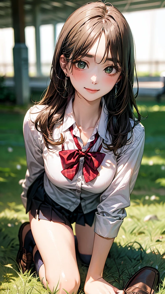 (masterpiece:1.2, top-quality), (realistic, photorealistic:1.4), beautiful illustration, (natural side lighting, movie lighting),
looking at viewer, cowboy shot, front view:0.6, 1 girl, japanese, high school girl, perfect face, cute and symmetrical face, shiny skin,
(long hair:1.8, straight hair:1.7, light brown hair), parted bangs, emerald green eyes, long eye lasher, (large breasts:0.9, thick thighs),
beautiful hair, beautiful face, beautiful detailed eyes, beautiful clavicle, beautiful body, beautiful chest, beautiful thigh, beautiful legs, beautiful fingers,
((, white collared shirts, black pleated mini skirt, black socks, brown loafers, red bow tie)), break, hoop ring earrings, pink panties, dark blue violet cardigan, break,
(beautiful scenery),
A girl is on all fours in a grassy field. She is carrying a large dog on her back and mating in the rear position.
Her face is bright red and flushed, her brow is furrowed, and she is smiling.
Her skirt is very short.
