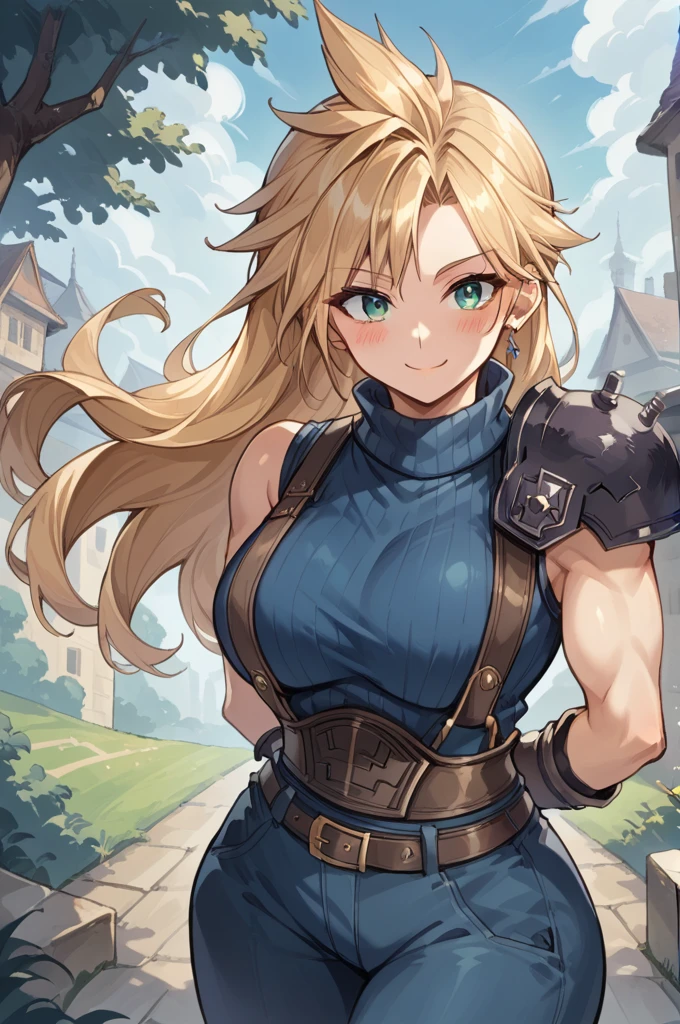 (source_anime:1.1), score_9, score_8_up, score_7_up, masterpiece, best quality, masterfully detailed, 1girl, solo, (defCloud:1.1), blonde hair, long hair, green eyes, large breasts, single earring, suspenders, shoulder armor, sleeveless turtleneck, baggy pants, blue pants, belt, gloves, blush, hands behind back, cute pose, smile, outdoors,
