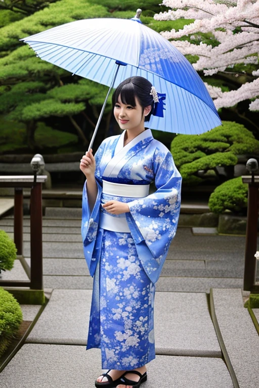 A beautiful woman、Japanese、Black and white kimono、In the Japan garden、Big 、Black Hair、Shortcuts、Her chest is exposed、Holding an umbrella