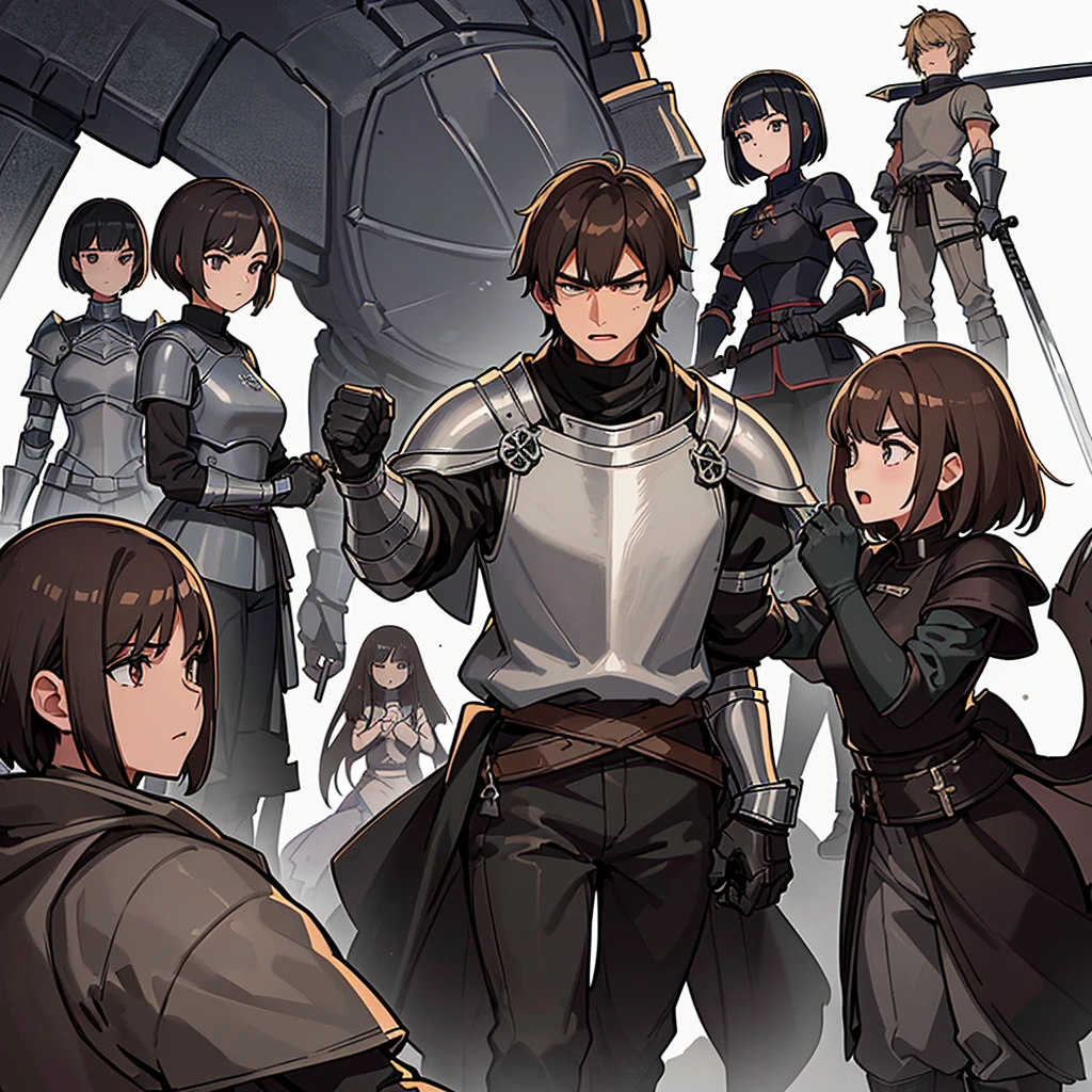 Best illustrations、Best Quality、(((Simple grey armor、Black trousers、Black gloves、Short Hair、Brown Hair、20 year old man、20 women)))、(((Grab the sword、Get Ready)))、(Old ruins、desert。Grass)、Fall to the floor、(Black, muddy swamp)、(仮面の中世の騎士が10 people)、(get annoyed、Open your mouth、Get angry)、(lots of medieval knights、10 people)、battlefield、(From below)、(White background)