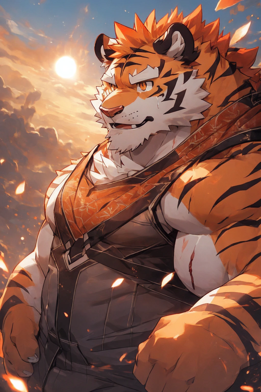 human nature, Wildlife, male,36 years old，Uncle， solitary, ((Round Face, The face is plump,Orange eyes,Thick orange hair，With scars)), ((Endomorph, Handsome，Hot Blood)), （Mecha suit，No electricity，exhaustion), ((domestic tiger, tiger，) Fluffy fur, Fluffy), Bokeh, (high quality, high resolution, masterpiece), (Dynamic Lighting, Vibrant colors), (Revitalize，harm，Disdain), Full body picture (close up), cartoon, author：Takemoto Arashi, From zixiong, By Chunni, author：Empty Ghost，Blood Rain，valley，Red spider lily，Tears dripping down my face，美丽的Red spider lily海（background：下Blood Rain的花海valley）