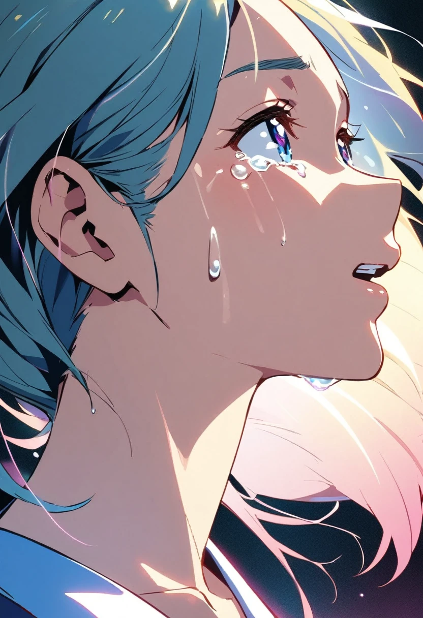 Anime style:1 girl looking up and crying,Profile,Raise your neck,Raise your chin
