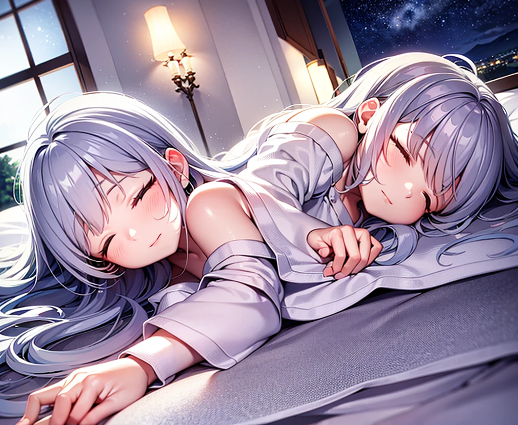 Lying on the bed)) ((Sleeping)) (Light in the moonlight, wearing cute pajamas, staring at the night sky through the window, silver hair
girl close