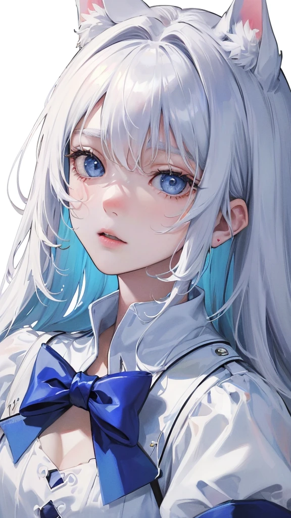 (Top resolution、Distinct_image)top-quality、A girl have white fluffy dog ears、masterpiece、highly detailed、Semi-realistic、blue eyes 、18year old、young、cool clothing、Exquisite facial features、Facial features ,variation potrait, a white background, white hair , unique hairstyles, students, teenage, cute
