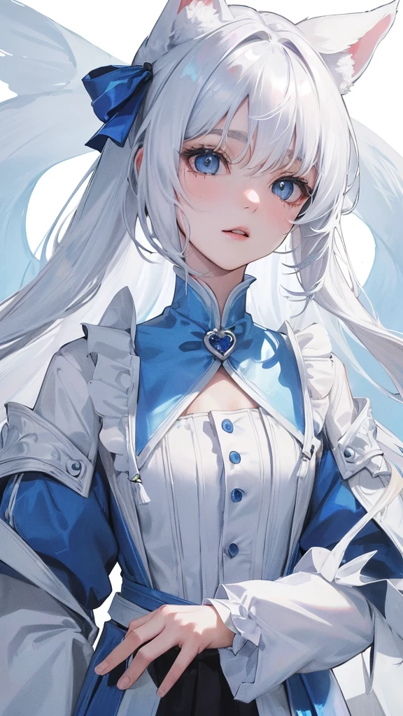 (Top resolution、Distinct_image)top-quality、A girl have white fluffy dog ears、masterpiece、highly detailed、Semi-realistic、blue eyes 、18year old、young、cool clothing、Exquisite facial features、Facial features ,variation potrait, a white background, white hair , unique hairstyles, students, age, cute