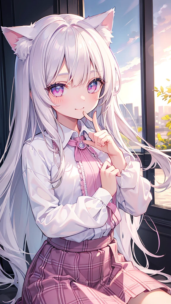 Highly detailed face,fine grain,Sparkling eyes,Highlighted eyes,Medium chest,pretty girl, smile,Longing eyes,Cat ear, Beautiful silver hair,Pink inside,Beautiful pink eyes, finger to mouth,Oversized shirt,skirt