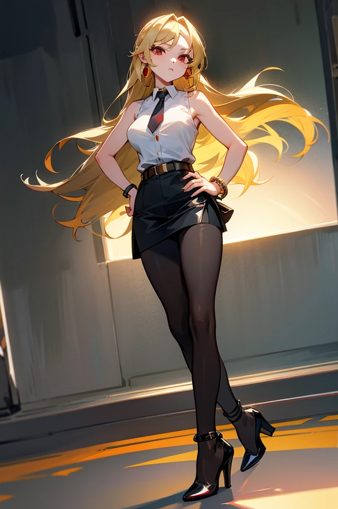 1girl, solo, long hair, breasts, looking at viewer, skirt, blonde hair, large breasts, shirt, red eyes, jewelry, jacket, white shirt, pantyhose, earrings, sleeveless, belt, black skirt, black footwear, high heels, bracelet, hand on hip, black pantyhose, genderswap, genderswap (mtf)
