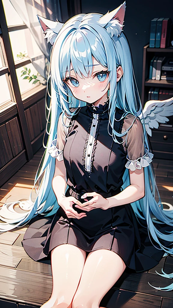 hyper precise and hyper detailed illustrations,
light blue long hair,cat angel,shota,