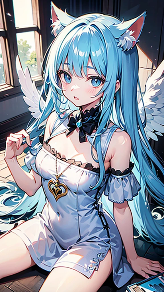 hyper precise and hyper detailed illustrations,
light blue long hair,cat angel,shota,