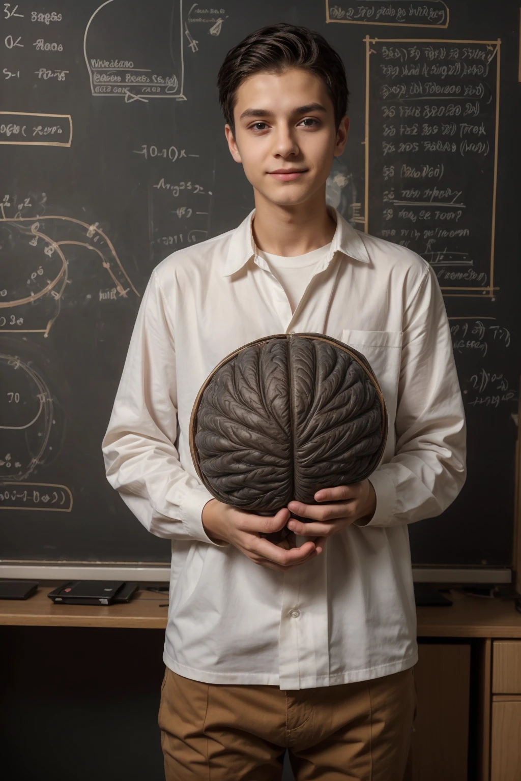 A beautiful young twink, male with black hair, wearing a long-sleeved white cotton shirt and brown pants. He is in his scientific office, and behind him is a blackboard on which are written the shape of the brain, its anatomy, and the nerve cell. He looks on proudly, with a face with makeup on.