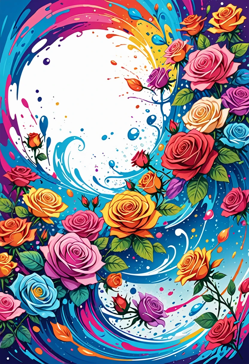 vectorial art, Colorful illustration with many roses, At the center, swirly vibrant colors, paint splashes and smears, high détail, Underwater swimming background