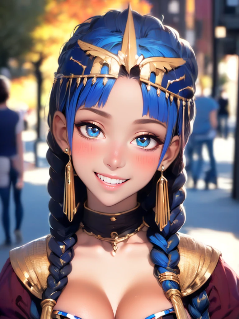 (UHD, retina, masterpiece, ccurate, anatomically correct, textured skin, super detail, high details, high quality, best quality, highres, 1080P, HD, 4K, 8k, 16k), (beautiful detailed eyes, beautiful detailed lips, extremely detailed eyes and face), studio lighting, physically-based rendering, vivid colors, (big tits, super big , super extra big , glamorous body), (thief:1.5), (portrait, blonde hair, shiny hair, shiny skin), (dusk sky, bokeh), (tilt your head to the side:1.5), eye reflection, (blush, smile, tanned skin, cleopatra:1.5),