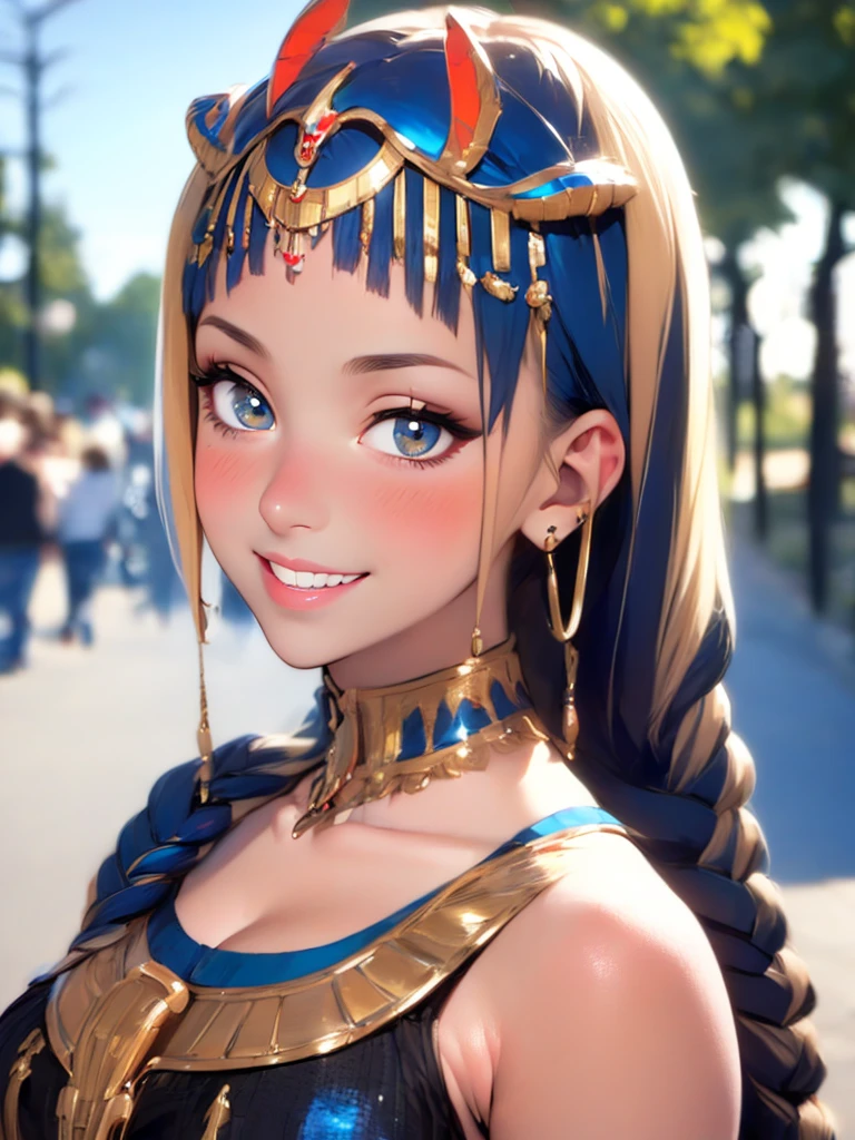 (UHD, retina, masterpiece, ccurate, anatomically correct, textured skin, super detail, high details, high quality, best quality, highres, 1080P, HD, 4K, 8k, 16k), (beautiful detailed eyes, beautiful detailed lips, extremely detailed eyes and face), studio lighting, physically-based rendering, vivid colors, (big tits, super big , super extra big , glamorous body), (thief:1.5), (portrait, blonde hair, shiny hair, shiny skin), (dusk sky, bokeh), (tilt your head to the side:1.5), eye reflection, (blush, smile, tanned skin, cleopatra:1.5),