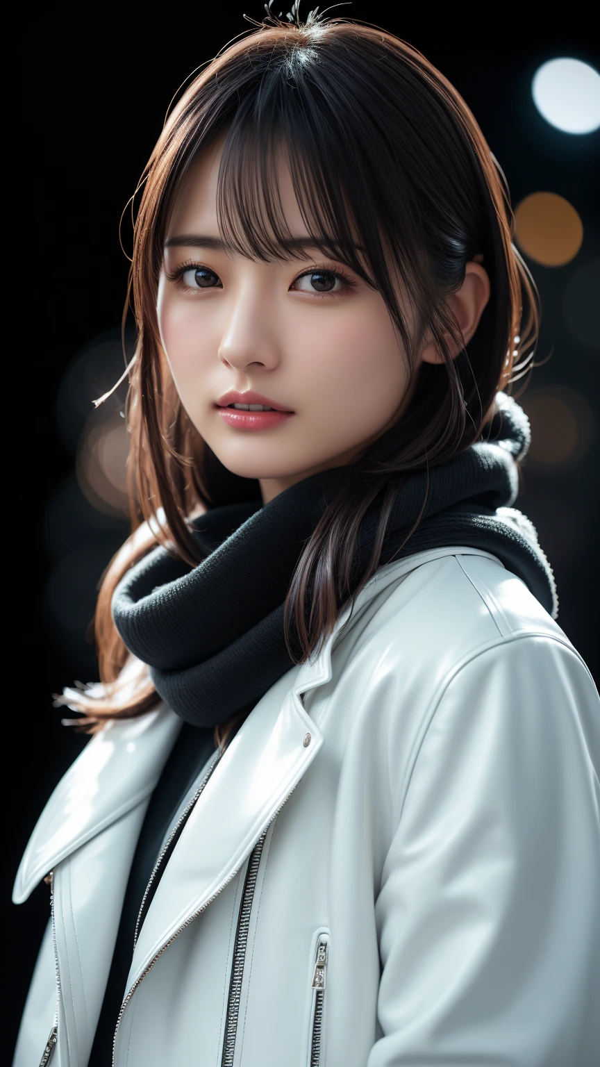 ((Excellent style)), Japanese women、Photorealistic、Beautiful attention to detail、Hyperrealism、High Contrast、Ultra HD、Realistic skin texture、Best image quality、Highest quality、Ultra-high resolution、Fine details、White scarf, Black leather jacket, Christmas illuminations in the background, slender, night,