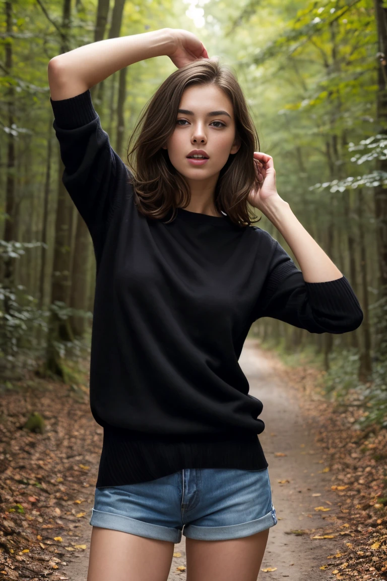 (bestquality,realistic:1.2),(brunette hair:1.1),(French:1.1),(sexy:1.1),(slim figure:1.1),(18 years old:1.1),(handcuffed:1.1),(black short sleeve sweater:1.1),(rolled-up sleeves:1.1),(hands up:1.1),(visible legs:1.1),(open mouth:1.1),illustration,forest,detailed eyes,detailed lips,high definition,professional lighting,vivid color