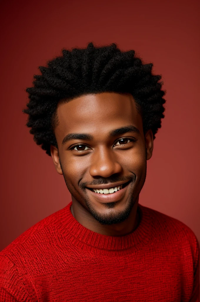 Cartoon of a black man, round face, short curly hair, large eyes, small nose, small mouth, beautiful smile, red sweater.