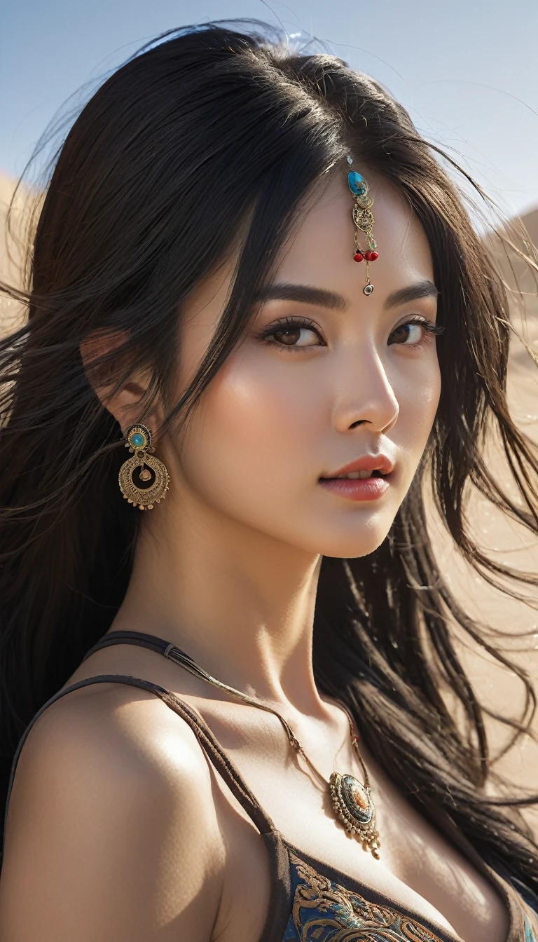 (RAW-Foto, best quality), (realisti, photo-realisti:1.3),best quality,muito detalhado,masterpiece,Ultra-detail,Illustration,1 girl,upper, higher_Body,dynamic angle,world masterpiece theater,messy_long_balck hair,best quality,Extreme detail CG Unity 8K wallpaper,ink,toll,cinematic lighting,lens_Flare, dunhuang_Stil