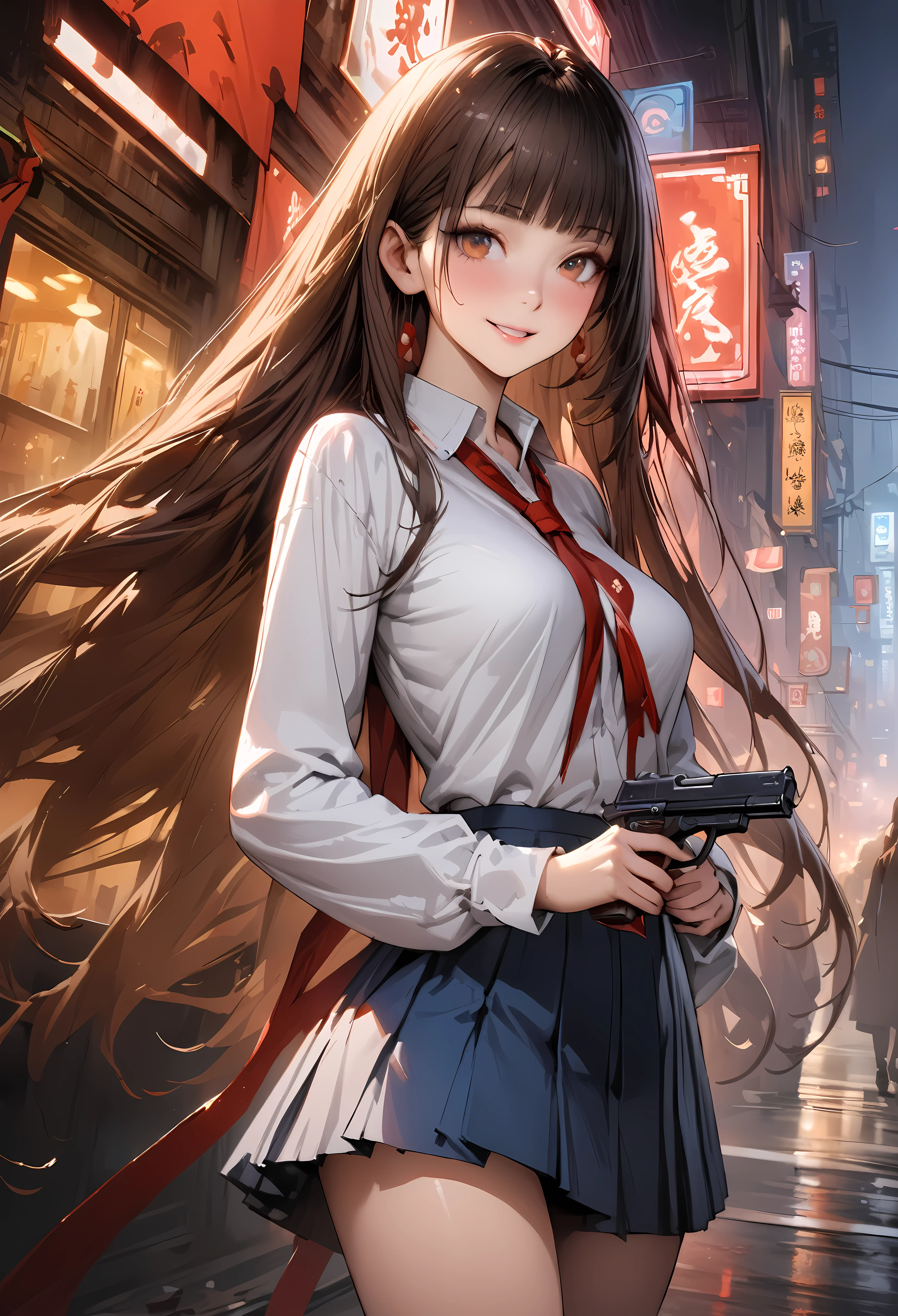 (A detailed depiction of a woman holding a handgun)、World of Blade Runner、((masterpiece,Highest quality:1.3,best quality illustration,realistic:1.3)),cowboy shot,solo,1woman,(18-year-old、Japanese Beauty)、brown hair,long hair,bangs,brown eyes,gorgeous eyes,(very small head:1.3),smile,(very long body:1.2,skinny),medium breasts,(Red ribbon tie、White long sleeve collared shirt、Navy blue pleated mini skirt),gleaming skin,toned body,slender body,standing,on street,neon、
