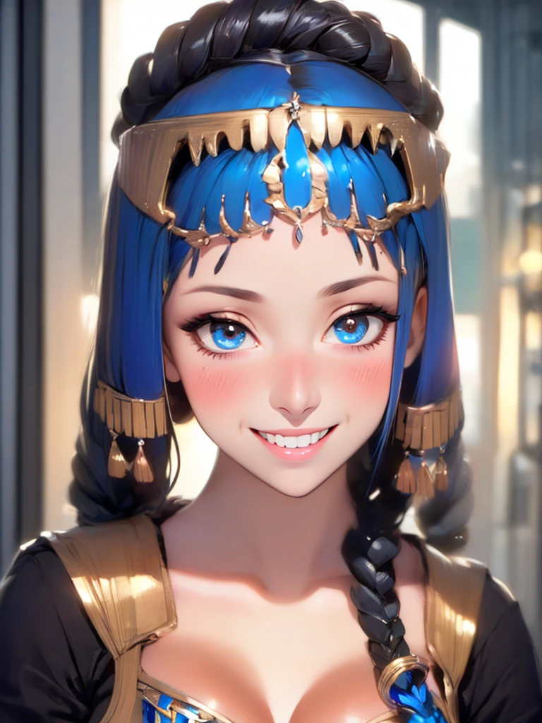 (UHD, retina, masterpiece, ccurate, anatomically correct, textured skin, super detail, high details, high quality, best quality, highres, 1080P, HD, 4K, 8k, 16k), (beautiful detailed eyes, beautiful detailed lips, extremely detailed eyes and face), studio lighting, physically-based rendering, vivid colors, (big tits, super big , super extra big , glamorous body), (thief:1.5), (portrait, blonde hair, shiny hair, shiny skin), (dusk sky, bokeh), (tilt your head to the side:1.5), eye reflection, (blush, smile, tanned skin, cleopatra:1.5),