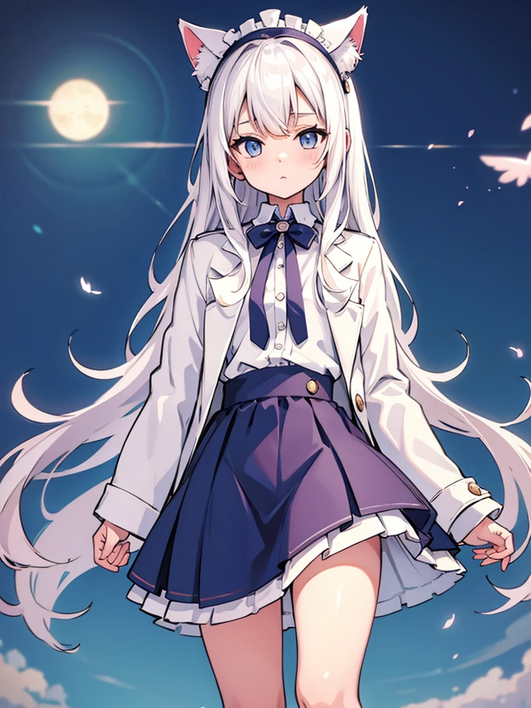 White silk knee socks,Short skirt,Boots,Lining,coat,White hair,A cat lady,,small headdress,White, light blue, light pink,Standing